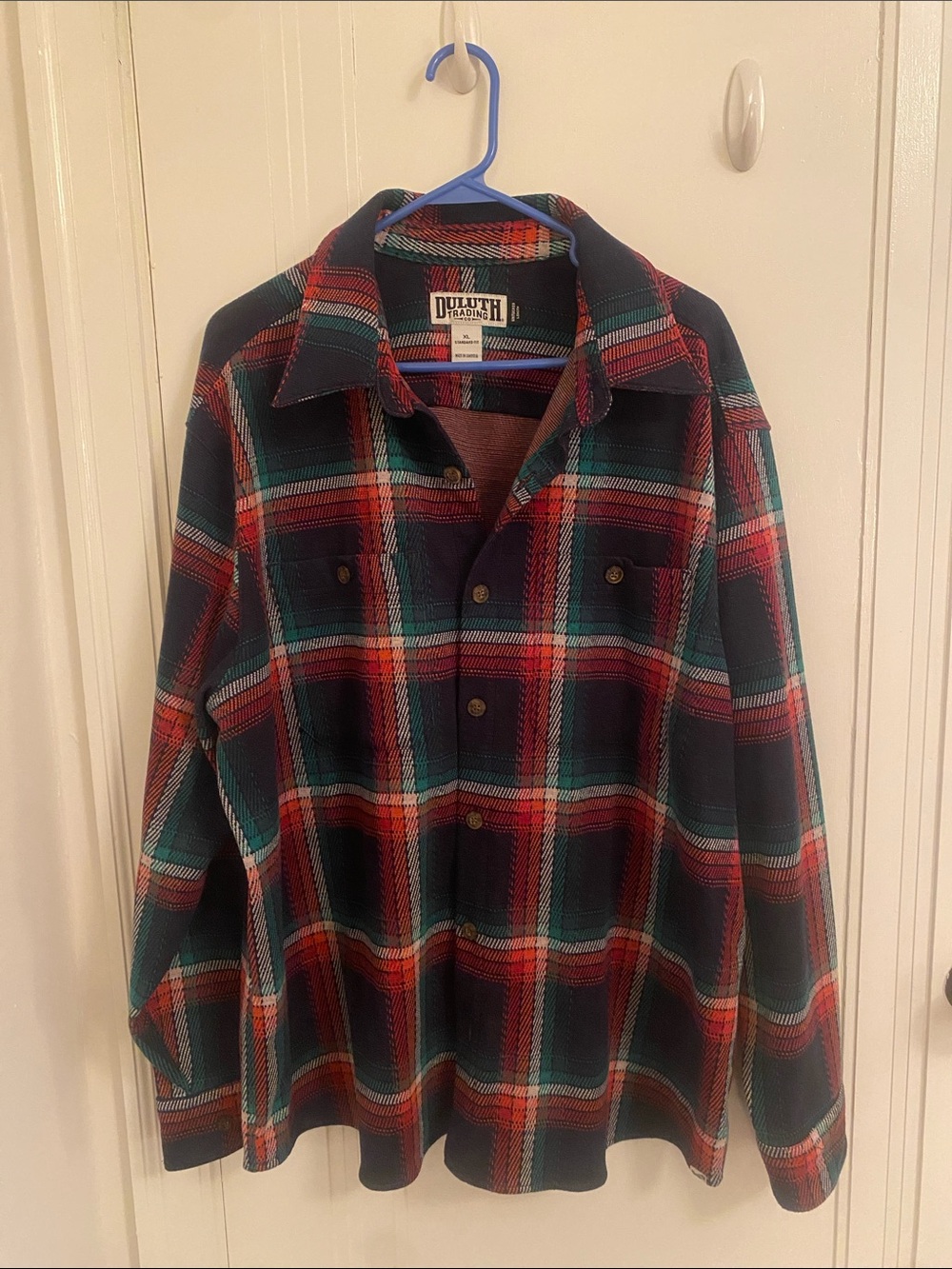 Duluth Trading Co Navy, Red & Teal Plaid Button-Front Shirt